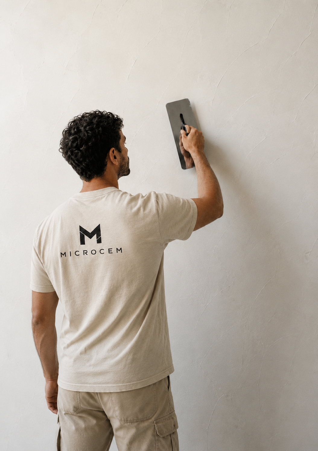 MICROCEM specialist hand trowelling microcement onto a wall
