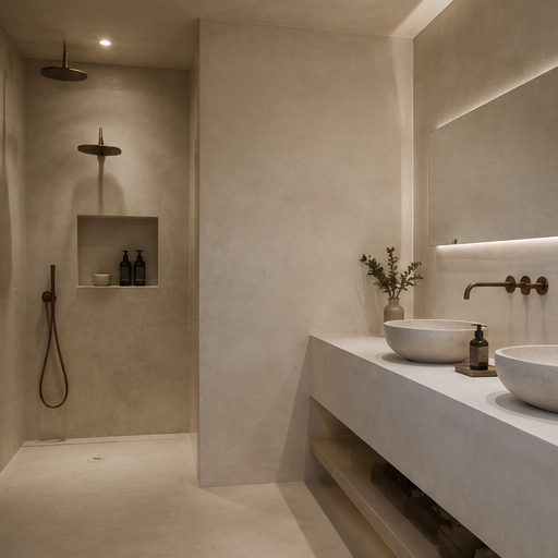 Twin Vessel Ensuite, Seamless walls & floor · Microne Pro in oat