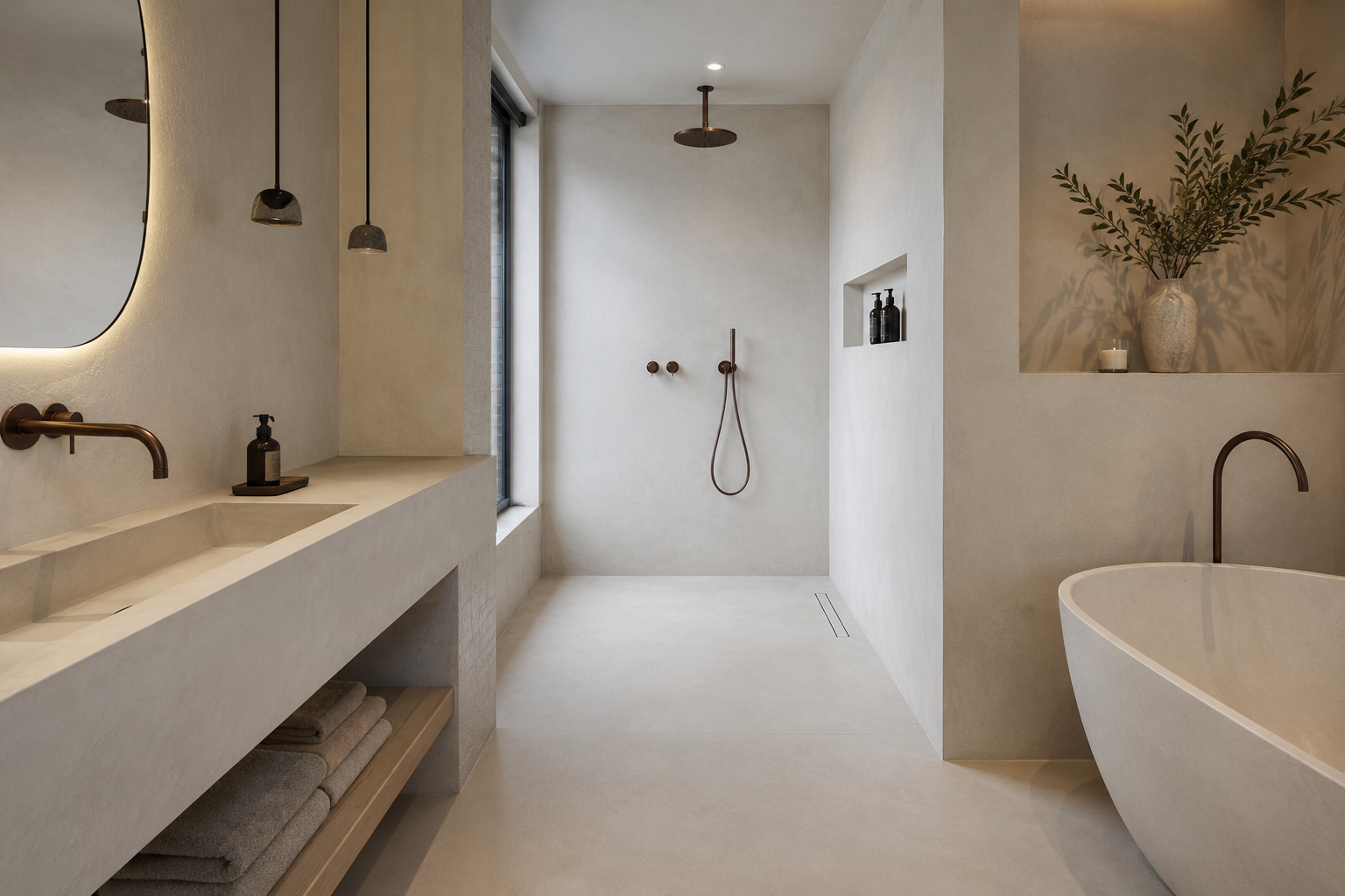 Spa Ensuite, Walls, floor & vanity · Microne Pro in warm stone