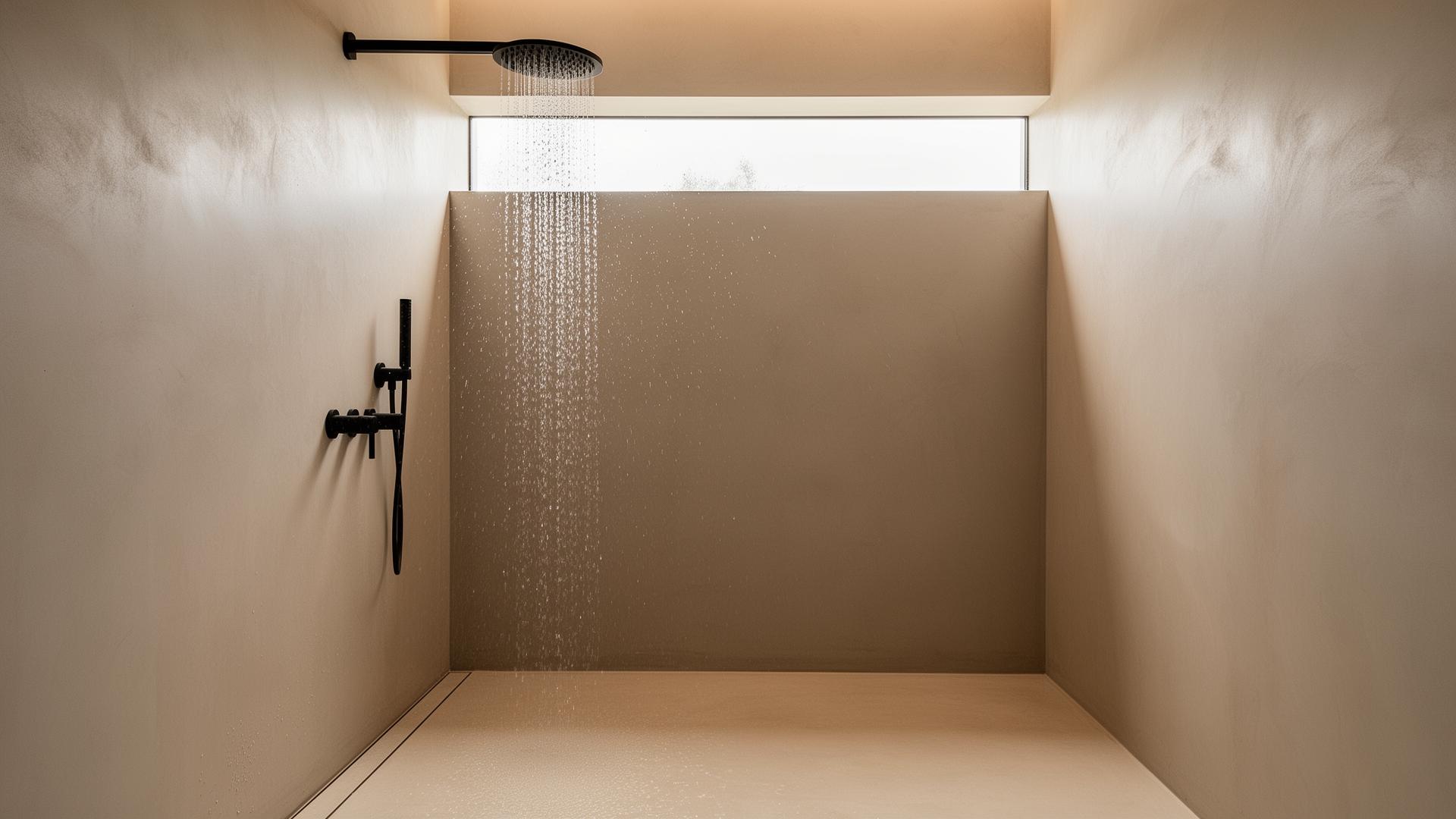 Seamless microcement shower with matte black tapware